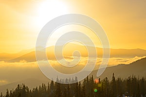 Sunrise in the Ukrainian Carpathian Mountains. Sun Rising over Hoverla Mountain, Highest Point of Ukraine