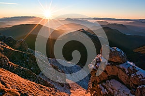 Sunrise from Velky Rozsutec in Mala Fatra mountains during late autumn photo