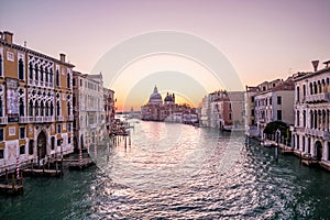 Sunrise in Venice. View from the Ponte dell Accademia to the Grand Canal