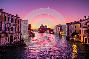 Sunrise in Venice. View from the Ponte dell Accademia to the Grand Canal