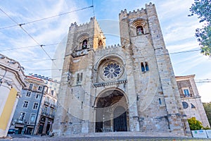 Sunrise view of the cathedral in Lisbon, Portugal