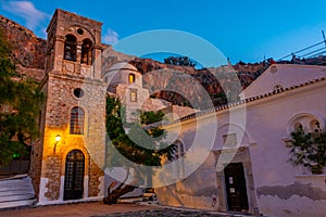 Sunrise view of Elkomenos Christos church in Greek town Monemvas
