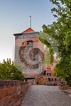 Sunrise view of Funfeckturm in German town Nurnberg