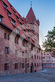 Sunrise view of Funfeckturm in German town Nurnberg