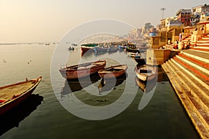 Sunrise view of gangas River in morning at ganga ghat in Varanasi