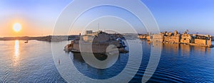 Sunrise view of Grand Harbour seascape in Valletta, capital of Malta.