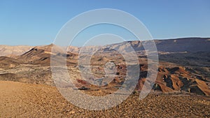 Sunrise view of HaMakhtesh HaGadol the big crater, in the Negev Desert, Southern Israel. It is a geological landform of a large