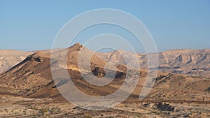 Sunrise view of HaMakhtesh HaGadol the big crater, in the Negev Desert, Southern Israel. It is a geological landform of a large