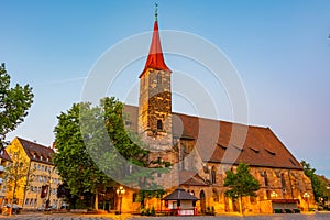 Sunrise view of Jakobskirche in Nurnberg, Germany.