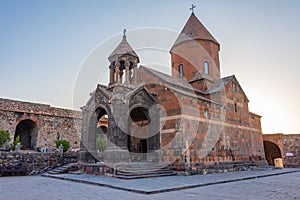 Sunrise view of Khor Virap Monastery standing in front of Ararat