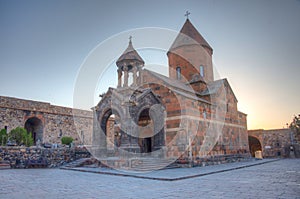 Sunrise view of Khor Virap Monastery standing in front of Ararat