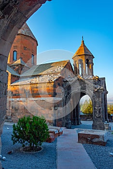 Sunrise view of Khor Virap Monastery standing in front of Ararat