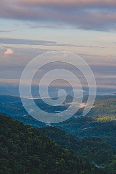 Sunrise view and layers mountain with sea of mist at rural area chiangmai