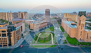 Sunrise view of Myasnikyan Square in Yerevan, Armenia