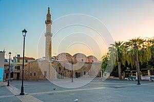 Sunrise view of Neratze Mosque in Greek town Rethimno