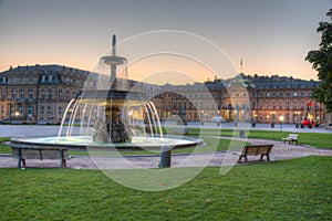 Sunrise view of the new palace in Stuttgart from Schlossplatz, Germany