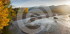 Sunrise View of the Nooksack River During the Colorful Fall Season.