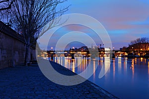 The sunrise view of Paris, Seine river, Arts bridge in the early morning .