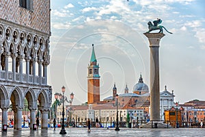 Sunrise view of piazza San Marco, Doge`s Palace Palazzo Ducale in Venice, Italy.