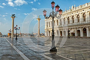 Sunrise view of piazza San Marco, Doge`s Palace Palazzo Ducale in Venice, Italy.