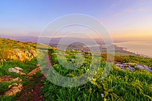 Sunrise view of the Sea of Galilee and Mount Arbel