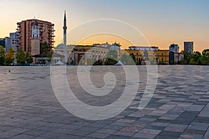 Sunrise view of Skanderbeg memorial and Ethem Bey mosque in Tirana, Albania