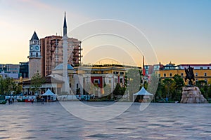 Sunrise view of Skanderbeg memorial and Ethem Bey mosque in Tirana, Albania