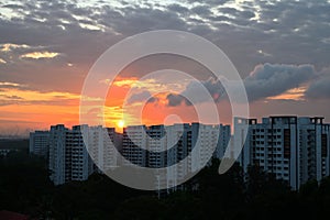 Sunrise view of skyline of high rise public housing on bright sunny day.