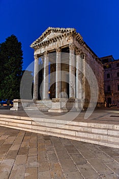 Sunrise view of the Temple of Augustus in Croatian town Pula