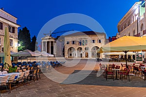 Sunrise view of the Temple of Augustus and government office in Croatian town Pula