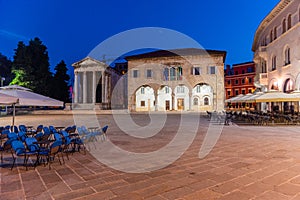 Sunrise view of the Temple of Augustus and government office in Croatian town Pula