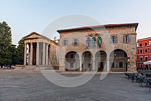 Sunrise view of the Temple of Augustus and government office in Croatian town Pula