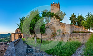 Sunrise view of Torre del Homenaje in Spanish village Sos del Rey Catolico