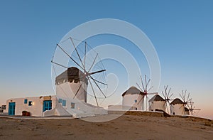 Sunrise in windmills in Mykonos Island Greece cyclades