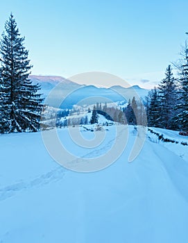 Sunrise winter Carpathian mountain village Zelene outskirts, Verkhovyna, Ukraine