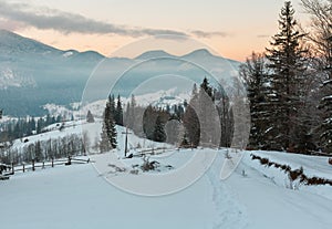 Sunrise winter Carpathian mountain village Zelene outskirts, Verkhovyna, Ukraine