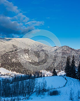 Sunrise winter Carpathian mountain village Zelene outskirts, Verkhovyna, Ukraine