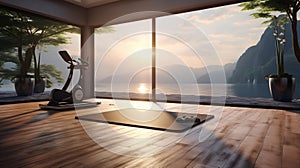 Sunrise Workout: A Modern Home Gym Overlooking a Serene Lake