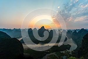 Sunrise of Xianggong mountain in Yangshuo, Guilin