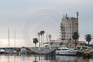 Sunrise at the Yatch Club Building in the Puertito del Buceo in the coastal Rambla of Montevideo capital of Uruguay in 2023