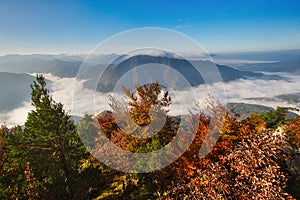 Sunrise from Zadny Sip mountain during autumn with inversion mist in the valley