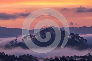 Sunrises, fog and red cloud somwhere near Dalat city - in Dalat- VietNam