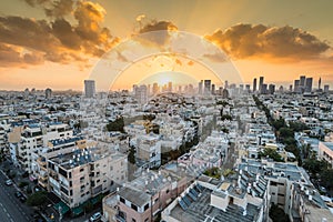 Sunrising of aerial view of Tel Aviv City with modern skylines in the morning  with arising sun in Israel