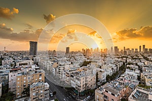 Sunrising of aerial view of Tel Aviv City with modern skylines in the morning  with arising sun in Israel