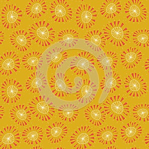Suns with orange shaped middles seamless vector pattern in vibrant colors