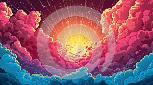 The suns pink light creates a beautiful atmosphere in the sky, grunge futuristic retrowave illustration background