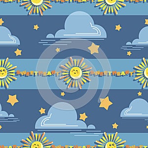 Suns. Sky. Sweetheart. Vector baby background. Cartoon sun and asterisks on blue sky background.