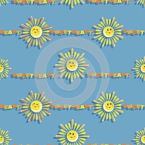 Suns. Sweetheart. Vector baby background. Cartoon sun and color lettering on blue sky background.