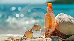 Sunscreen Bottle and Sunglasses on Beach