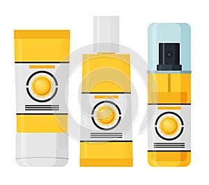 Sunscreen Care Sun Protection Cosmetics vector illustration. cream icon set in flat-style isolation